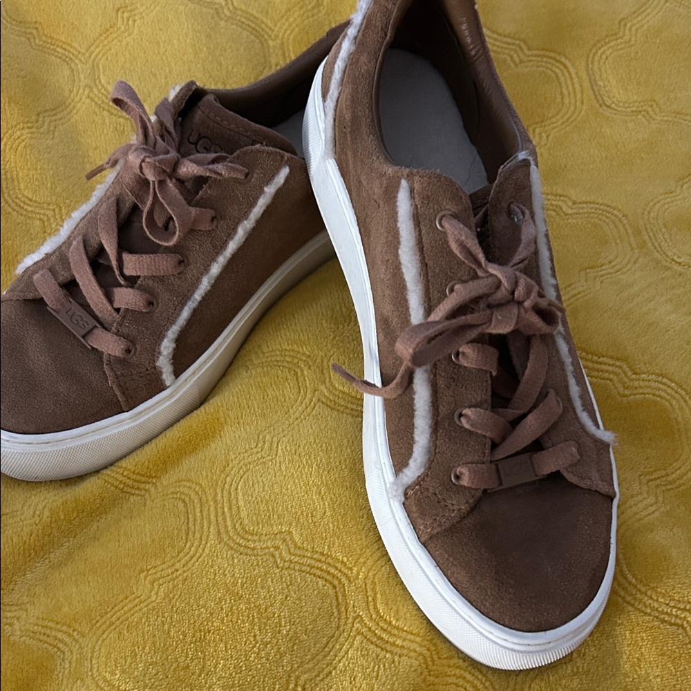UGG Tan Suede Sneakers with Cream Trim - Picture 3 of 7
